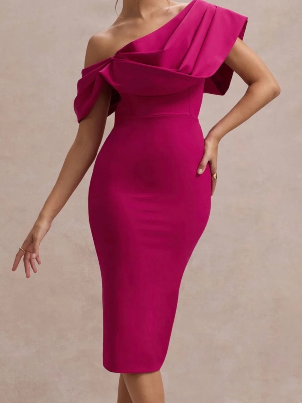 Club L London One-Shoulder Magenta Draped Sheath Dress - Picture 2 of 3